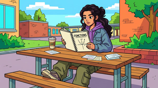 Inès révisant les fonctions et vecteurs sur un banc de lycée avec ses fiches de maths