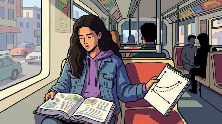 Inès révisant ses cours de mathématiques dans le tramway pour anticiper son entrée en prépa.