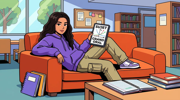 Inès préparant son sujet de Grand Oral de maths sur sa tablette dans la bibliothèque du lycée