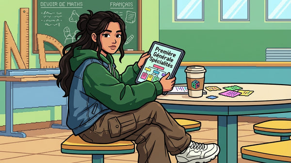 Inès étudiant le choix des spécialités de Première générale sur une tablette à la cafétéria du lycée.