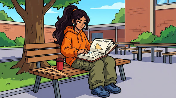 Inès révise un manuel de maths sur un banc pour préparer les exercices types du brevet 2026