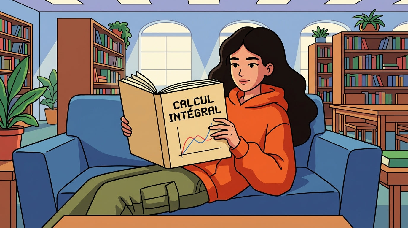 Inès révisant le calcul intégral pour le Bac Spé Maths 2026 dans une bibliothèque scolaire.