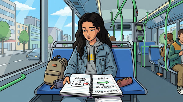 Inès révise ses formules de physique-chimie dans le bus en lisant son cahier de terminale.