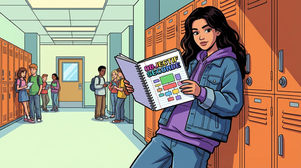 Inès, lycéenne, s'appuyant contre des casiers de lycée avec son carnet de notes pour réussir sa rentrée en Seconde.
