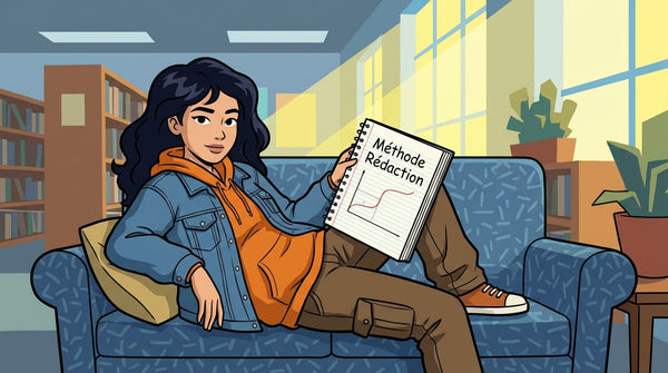 Inès révisant la méthode pour rédiger une réponse en physique chimie au baccalauréat dans la bibliothèque de son lycée.