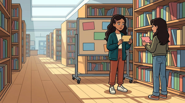 Deux élèves de 3ème se testant avec des fiches de révision dans la bibliothèque du collège