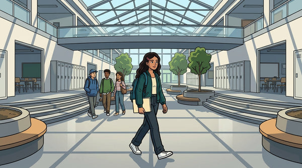 Lycéenne traversant l'atrium d'un lycée français international
