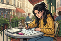 Lycéenne révisant le produit scalaire à une terrasse de café, traçant des vecteurs sur du papier millimétré.