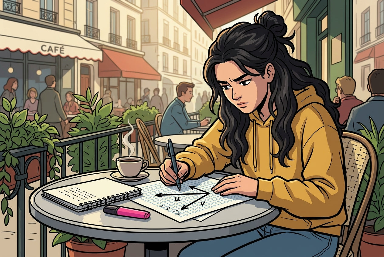 Lycéenne révisant le produit scalaire à une terrasse de café, traçant des vecteurs sur du papier millimétré.