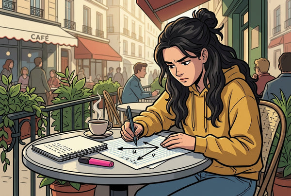 Lycéenne révisant le produit scalaire à une terrasse de café, traçant des vecteurs sur du papier millimétré.