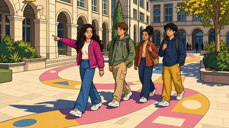 Inès et des lycéens suivent un parcours mathématique dans la cour du lycée pour découvrir le programme de Seconde.