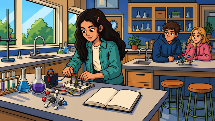 Élève de Première en laboratoire de Physique-Chimie préparant un circuit et du matériel expérimental