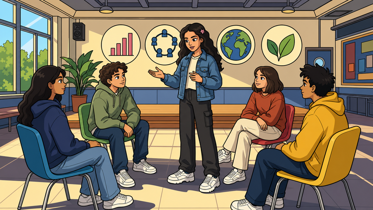 Lycéenne de Terminale animant un échange de SES avec quatre camarades autour de l'économie, de la société et de l'environnement