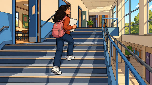 Élève de 3e montant l’escalier de son collège avec son sac à dos à la rentrée