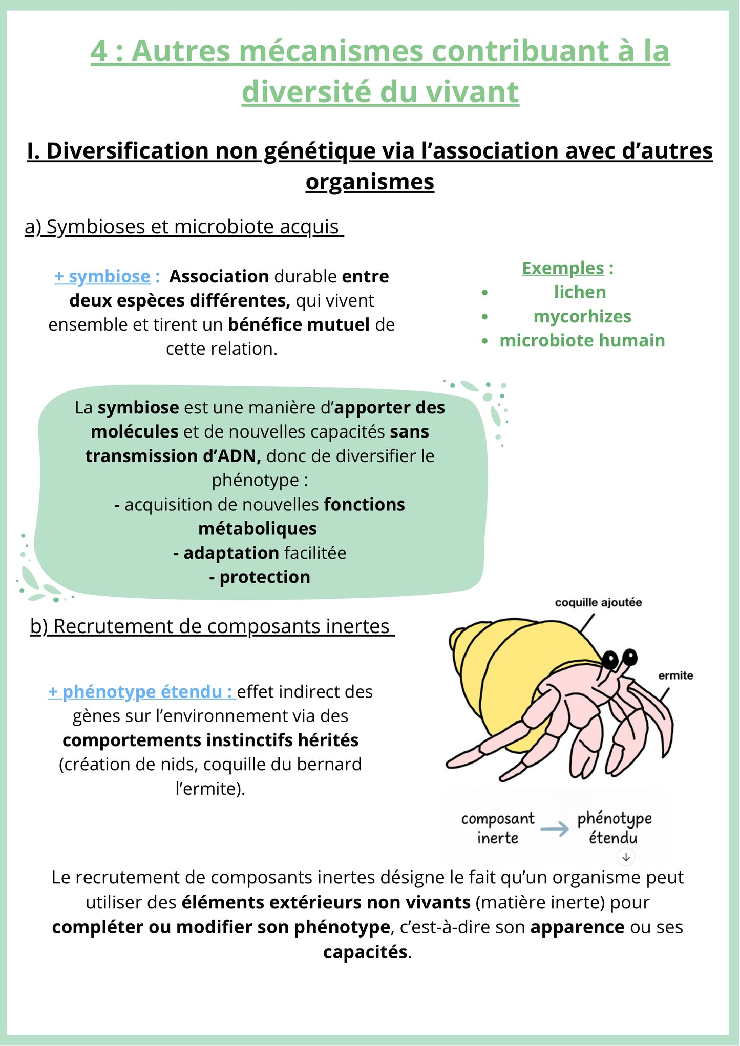 Fiche de révision de SVT Terminale sur les mécanismes non génétiques de diversité du vivant. Elle présente la symbiose et le microbiote humain comme facteurs de diversité. Un schéma illustre le recrutement de composants internes et externes. La fiche explique l'adaptation phénotypique. Support pour réussir les sujets de bac SVT sur l'évolution.