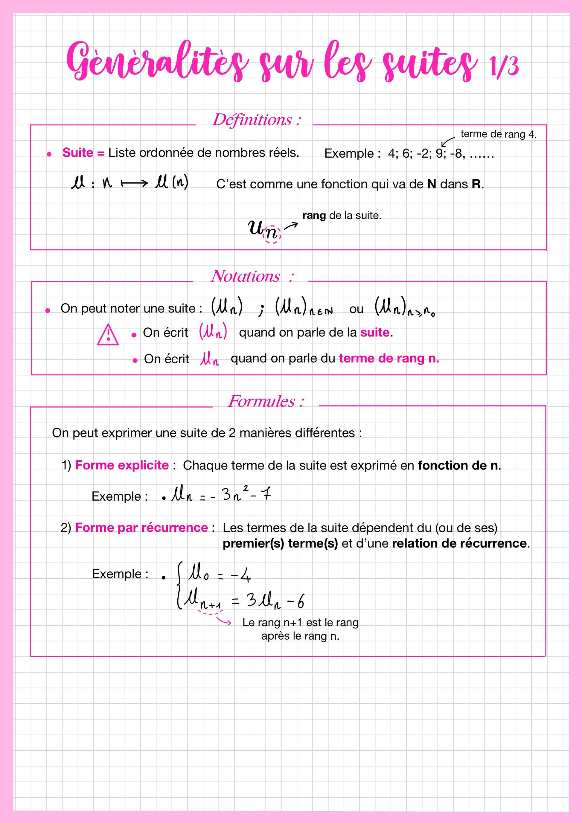 Cette fiche de révision de mathématiques niveau Première spécialité présente les généralités sur les suites. Elle explique ce qu’est une suite de nombres et les différentes notations utilisées pour désigner ses termes. La fiche montre aussi les deux principales façons de définir une suite : par une expression directe ou par une relation de récurrence.