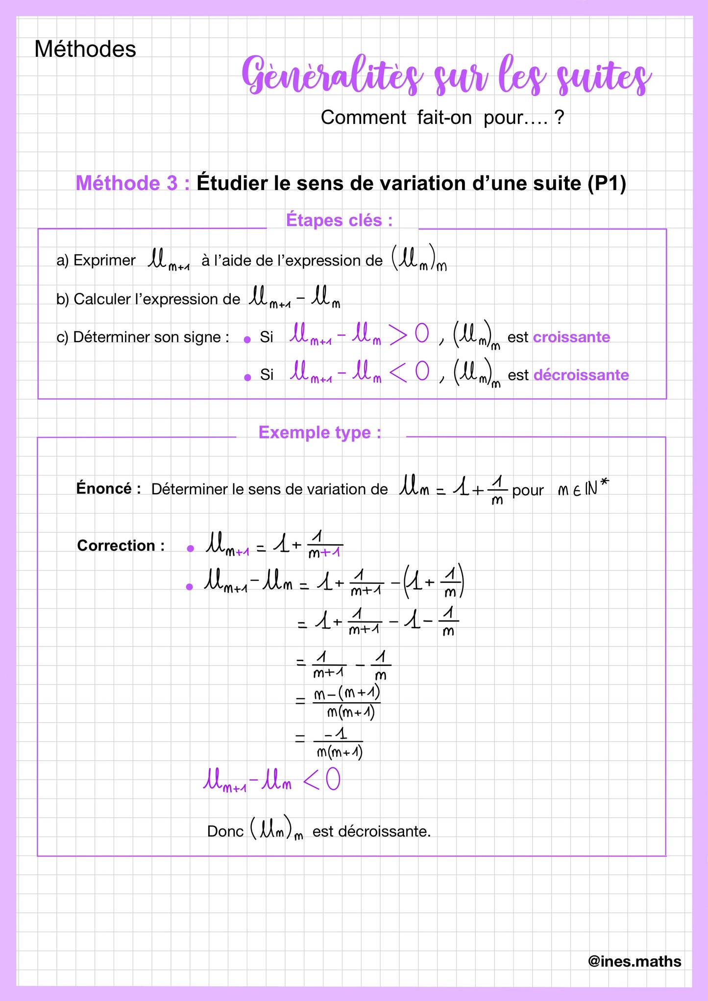 Cette fiche méthode de révision de mathématiques niveau Première spécialité présente une méthode pour étudier le sens de variation d’une suite. Elle explique comment comparer deux termes consécutifs afin de déterminer si la suite est croissante ou décroissante. Un exemple corrigé permet d’illustrer l’application de cette méthode.