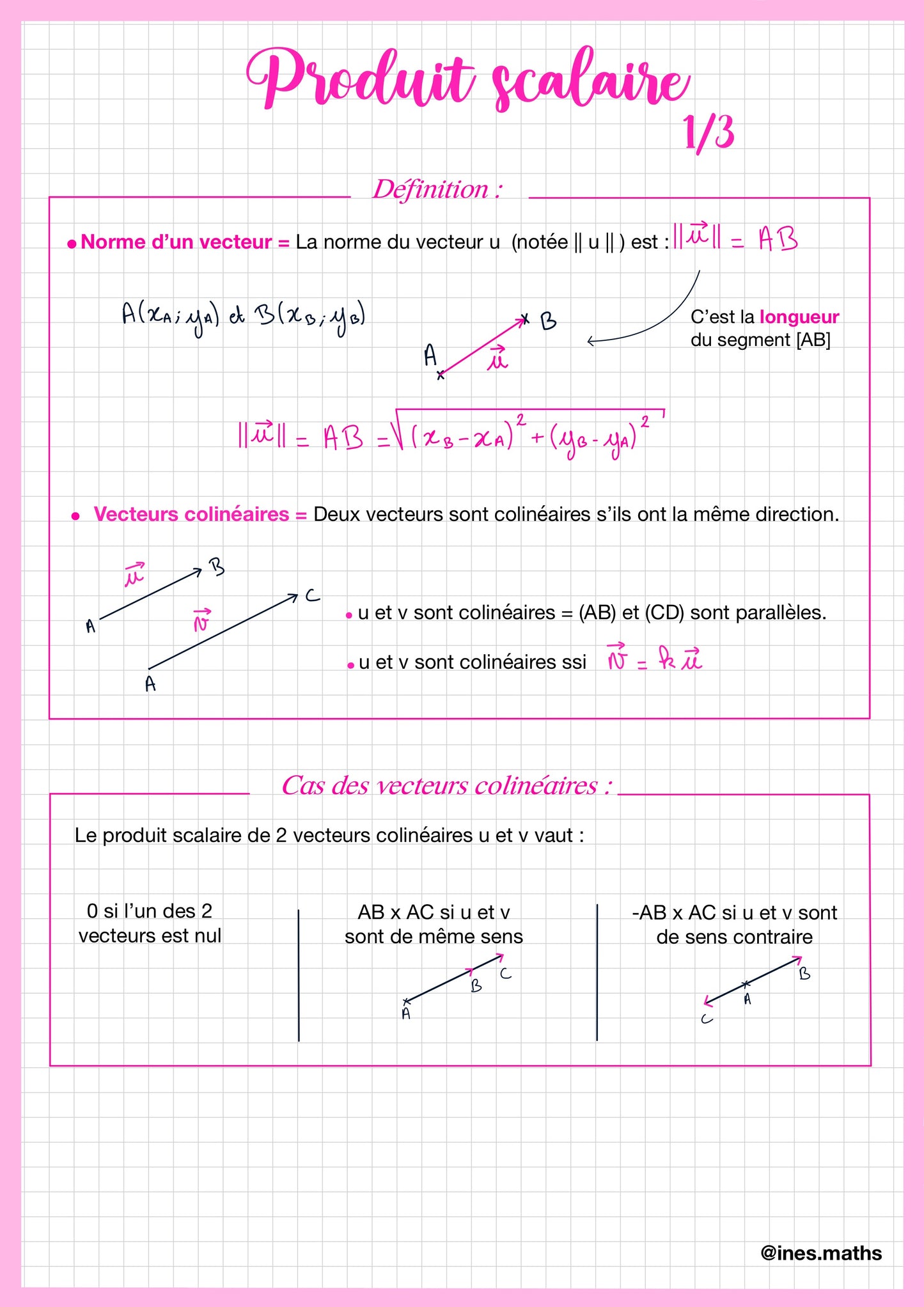 Cette fiche de révision de maths première technologique introduit la notion de produit scalaire. Elle rappelle d’abord la définition de la norme d’un vecteur, liée à la longueur d’un segment, puis la notion de vecteurs colinéaires, c’est-à-dire des vecteurs ayant la même direction. La fiche explique enfin comment interpréter le produit scalaire dans le cas de vecteurs colinéaires, selon leur sens et leur position.