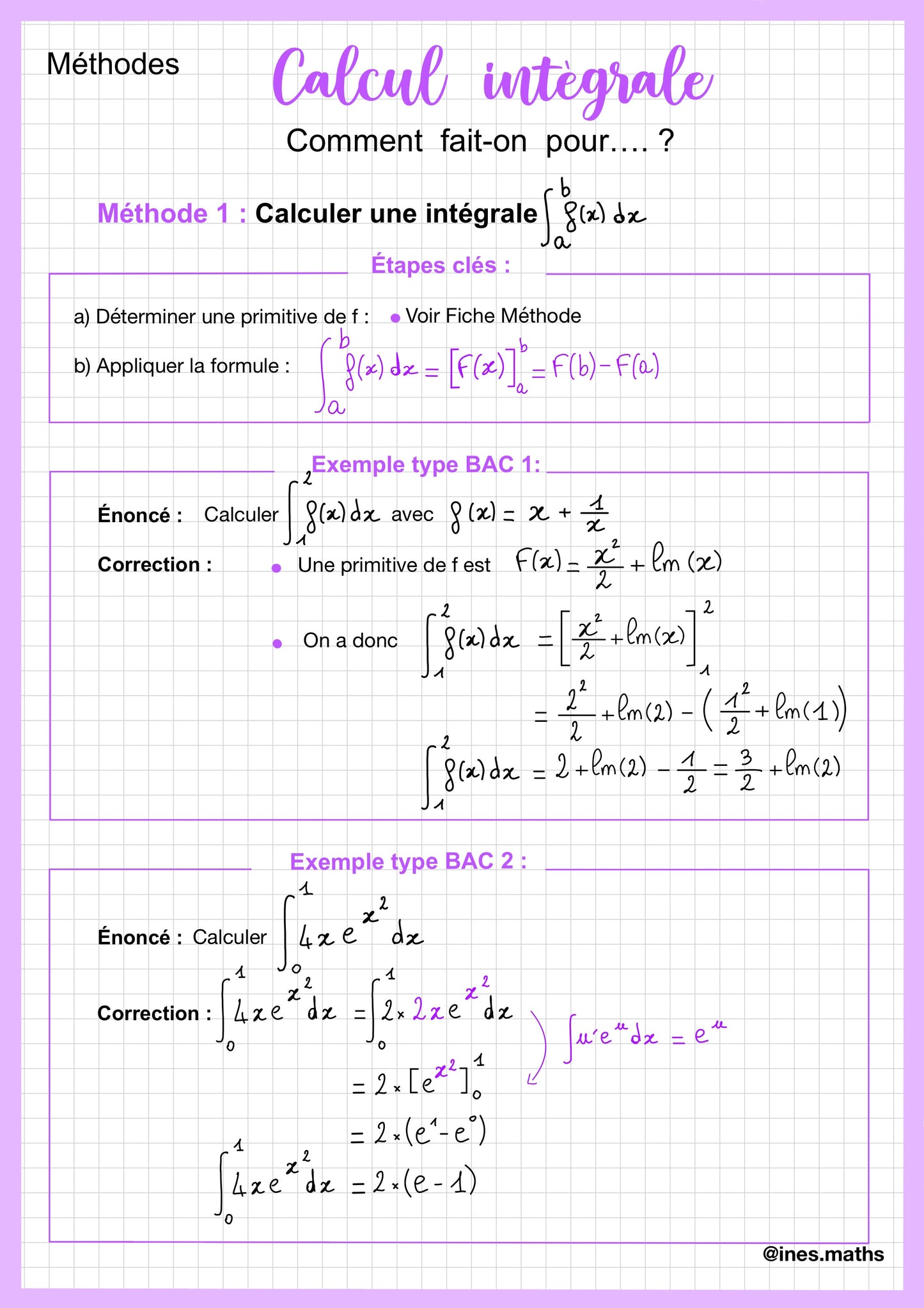 Fiche de révision de Maths Terminale : méthode pour calculer une intégrale définie. Elle présente l'algorithme avec primitive et formule de base. Des exemples corrigés illustrent les calculs étape par étape. La fiche explique la vérification par la méthode des différences. Support pour réussir les sujets de bac Maths spécialité.