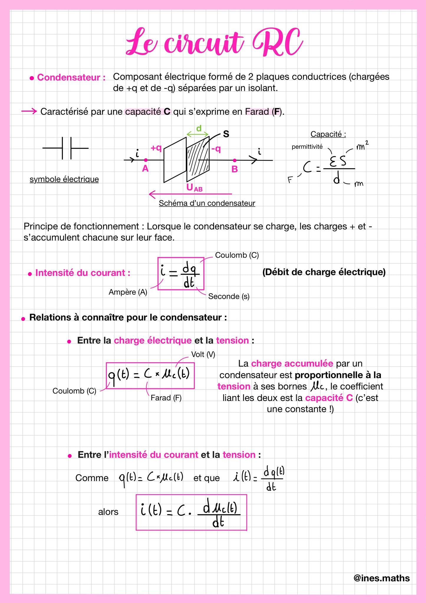 Fiche de révision de Physique-Chimie Terminale sur le circuit RC. Elle présente le schéma et les équations de charge/décharge du condensateur. Un tableau synthétise les relations Q(t), U(t), I(t). La fiche explique la constante de temps τ = RC. Support pour réussir les sujets de bac Physique-Chimie spécialité.