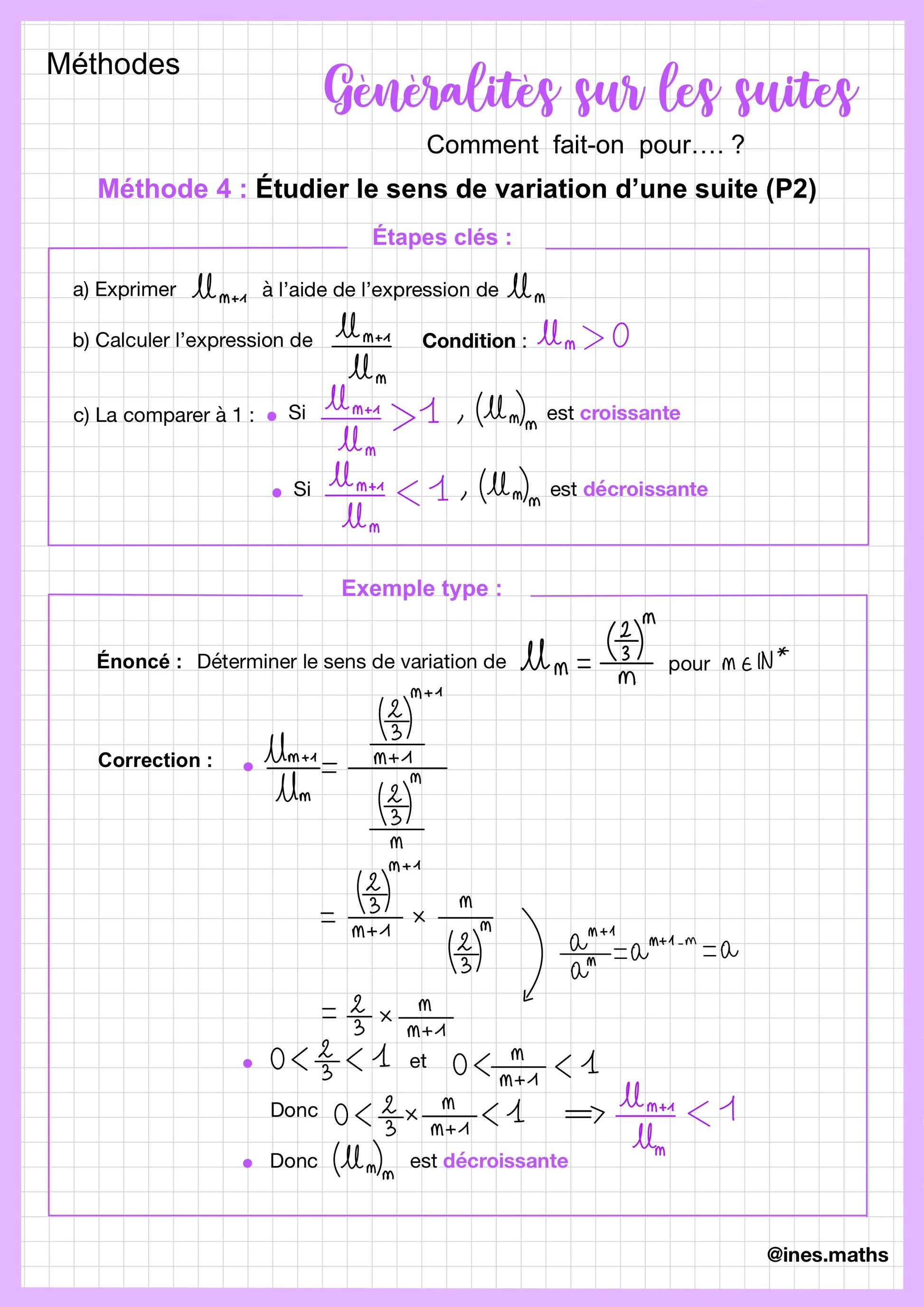 Cette fiche méthode de révision de mathématiques niveau Première spécialité présente une méthode pour étudier le sens de variation d’une suite. Elle explique comment comparer deux termes consécutifs d’une suite afin de déterminer si elle est croissante ou décroissante. Un exemple corrigé permet d’illustrer l’application de cette méthode.