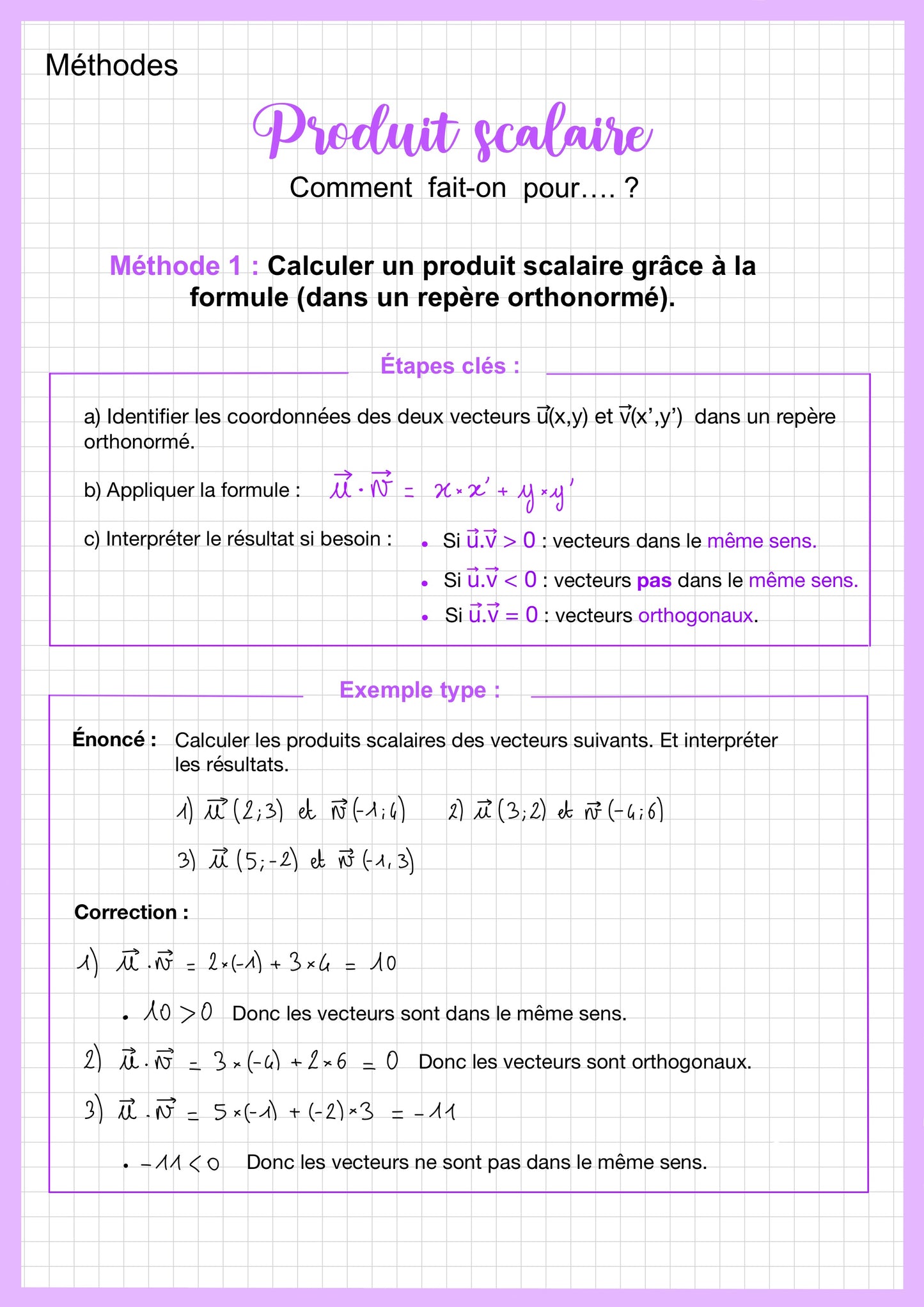 Cette fiche méthode de révision de maths première technologique présente une méthode pour calculer un produit scalaire dans un repère. Elle explique les étapes : déterminer les coordonnées des vecteurs, appliquer la formule de calcul puis interpréter le résultat pour connaître la relation entre les vecteurs. Un exemple corrigé permet de comprendre l’application de la méthode.