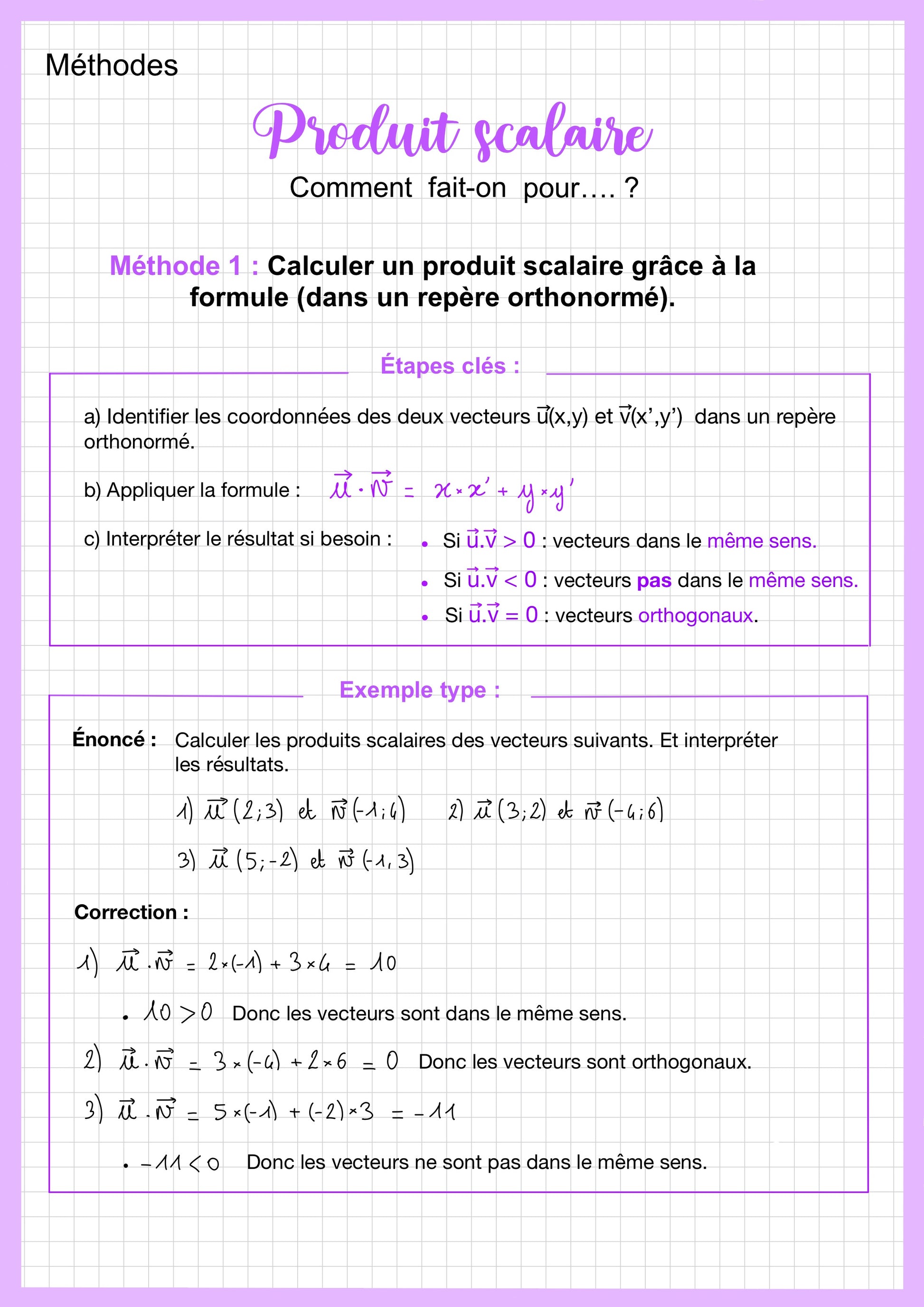 Cette fiche méthode de révision de maths première technologique présente une méthode pour calculer un produit scalaire dans un repère. Elle explique les étapes : déterminer les coordonnées des vecteurs, appliquer la formule de calcul puis interpréter le résultat pour connaître la relation entre les vecteurs. Un exemple corrigé permet de comprendre l’application de la méthode.