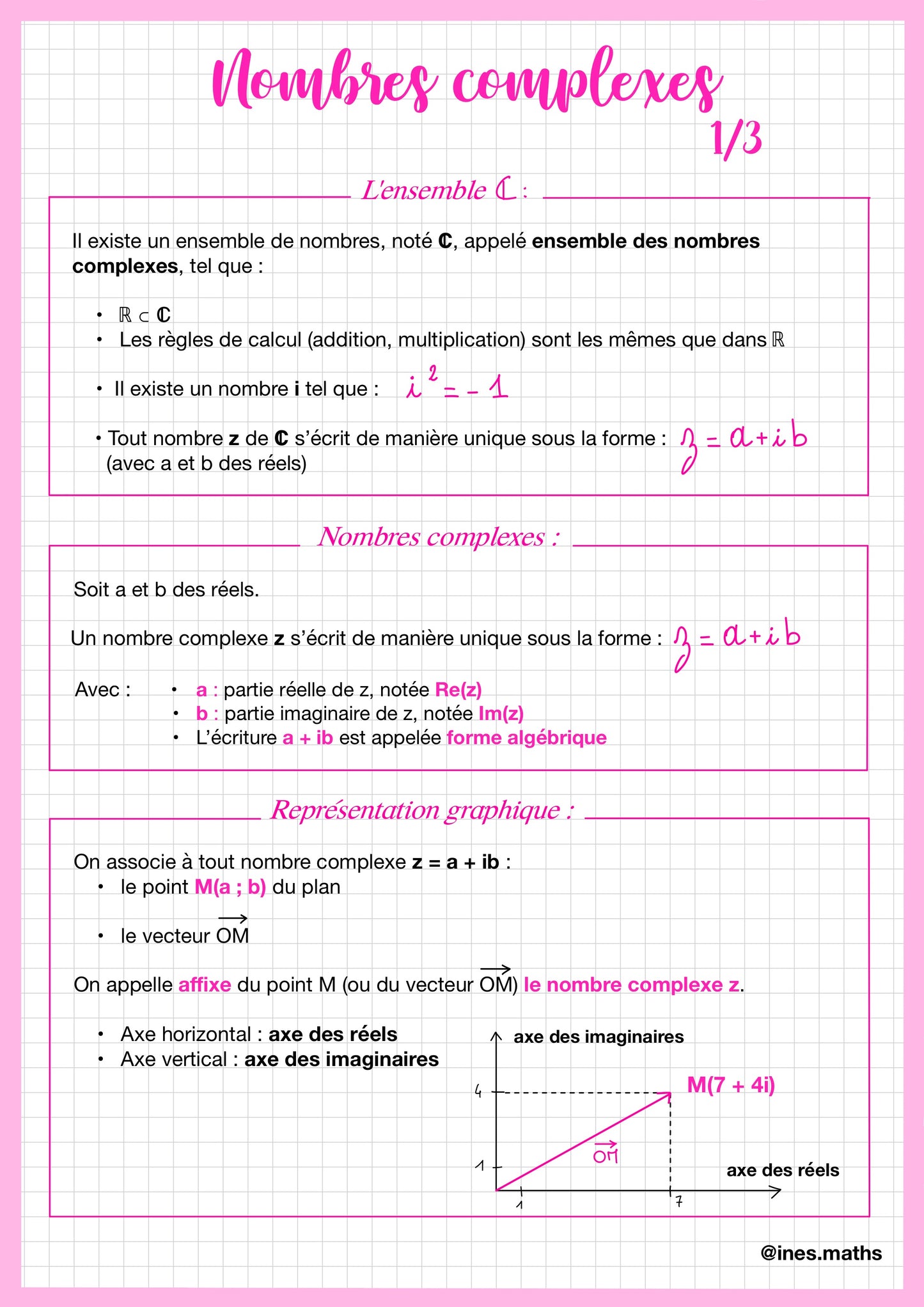 Cette fiche de révision de maths première technologique introduit les nombres complexes. Elle présente l’ensemble des nombres complexes, leur écriture sous forme algébrique, ainsi que les notions de partie réelle et partie imaginaire. La fiche explique aussi la représentation graphique d’un nombre complexe dans le plan, en l’associant à un point ou à un vecteur dans un repère.