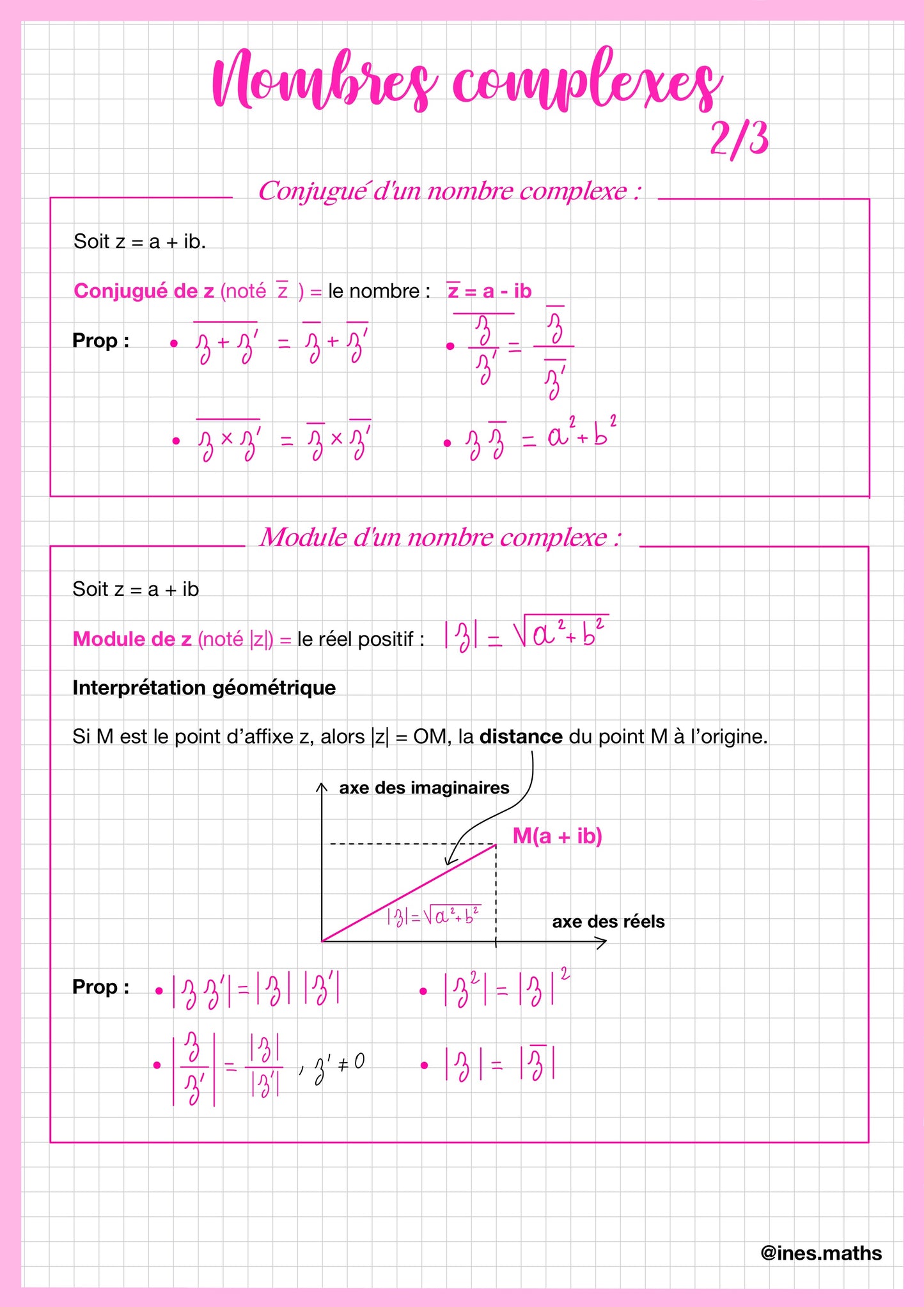 Cette fiche de révision de maths première technologique poursuit le chapitre sur les nombres complexes. Elle explique la notion de conjugué d’un nombre complexe ainsi que ses principales propriétés de calcul. La fiche présente également le module d’un nombre complexe et son interprétation géométrique, qui correspond à la distance entre le point associé au nombre complexe et l’origine dans le plan.