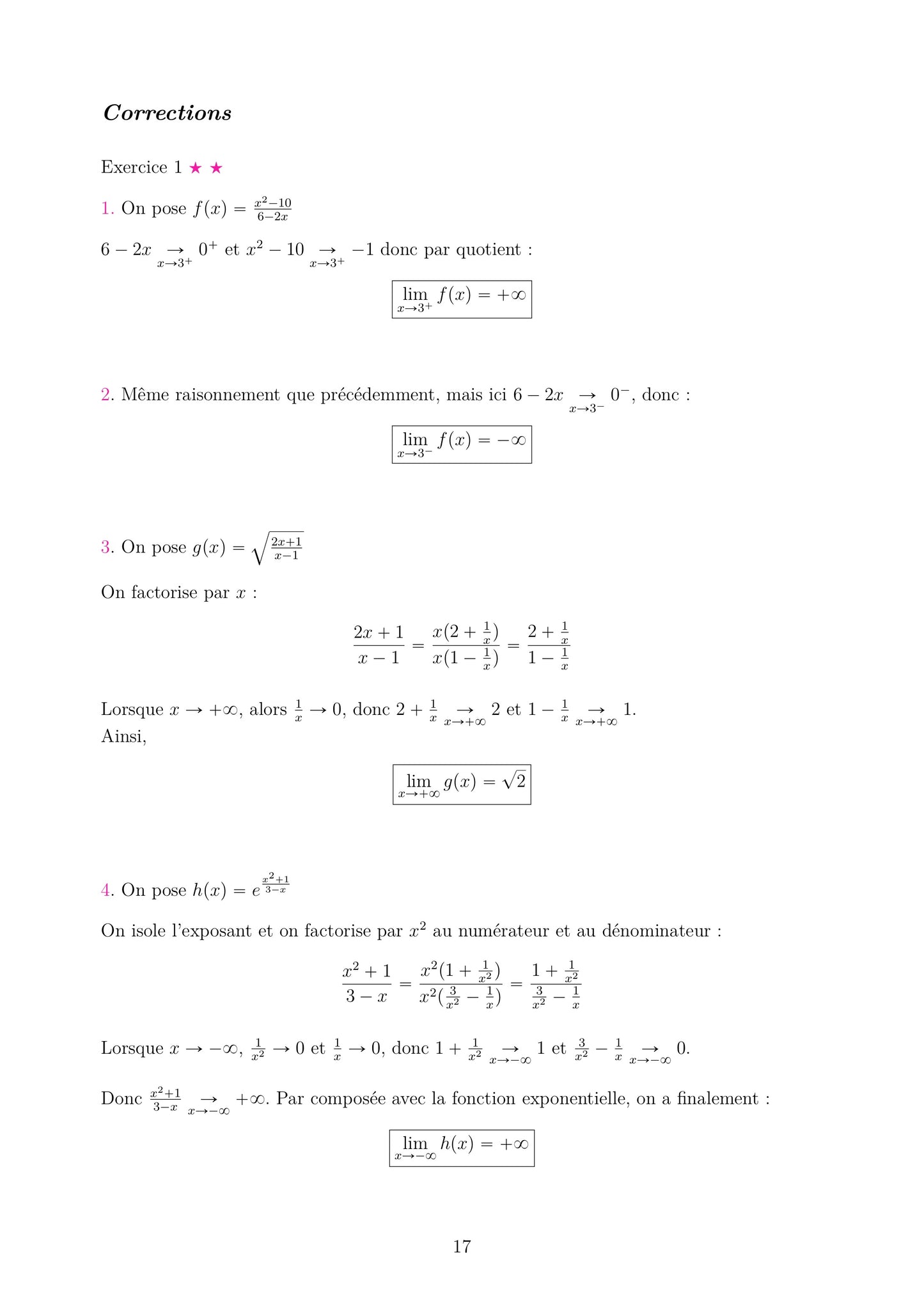Fiche de corrections détaillées sur des  exercices de limites de fonctions en Maths Terminale. Support pour vérifier les calculs bac spécialité.