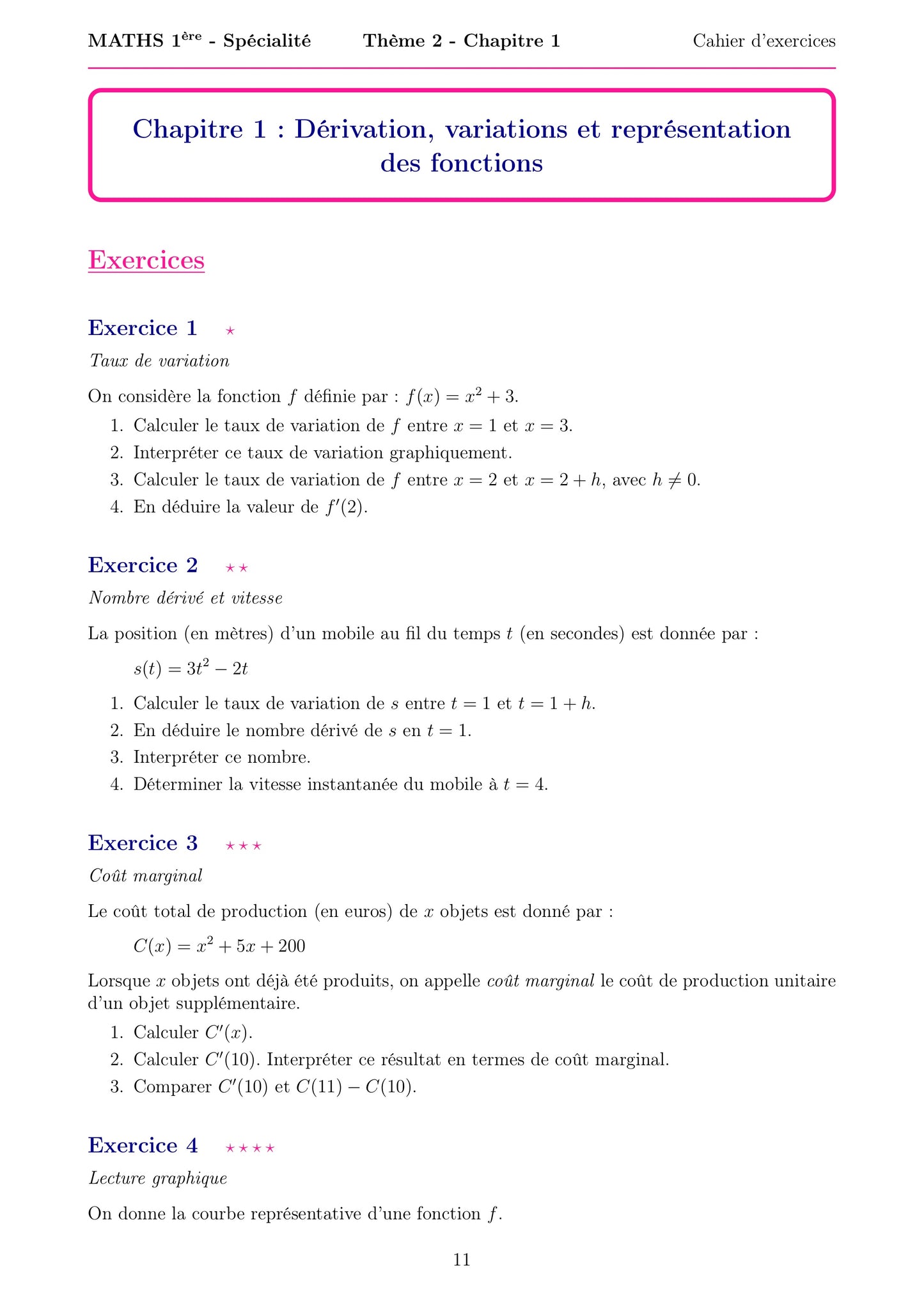 Cette fiche d’exercices de mathématiques niveau Première spécialité porte sur le chapitre  « Dérivation, variations et représentation des fonctions ». Elle propose quatre exercices qui permettent de travailler le taux de variation, le nombre dérivé, l’étude des variations d’une fonction et la lecture graphique. Les exercices combinent calculs, interprétation des résultats et application à une situation concrète, afin de mieux comprendre le principe des fonctions 