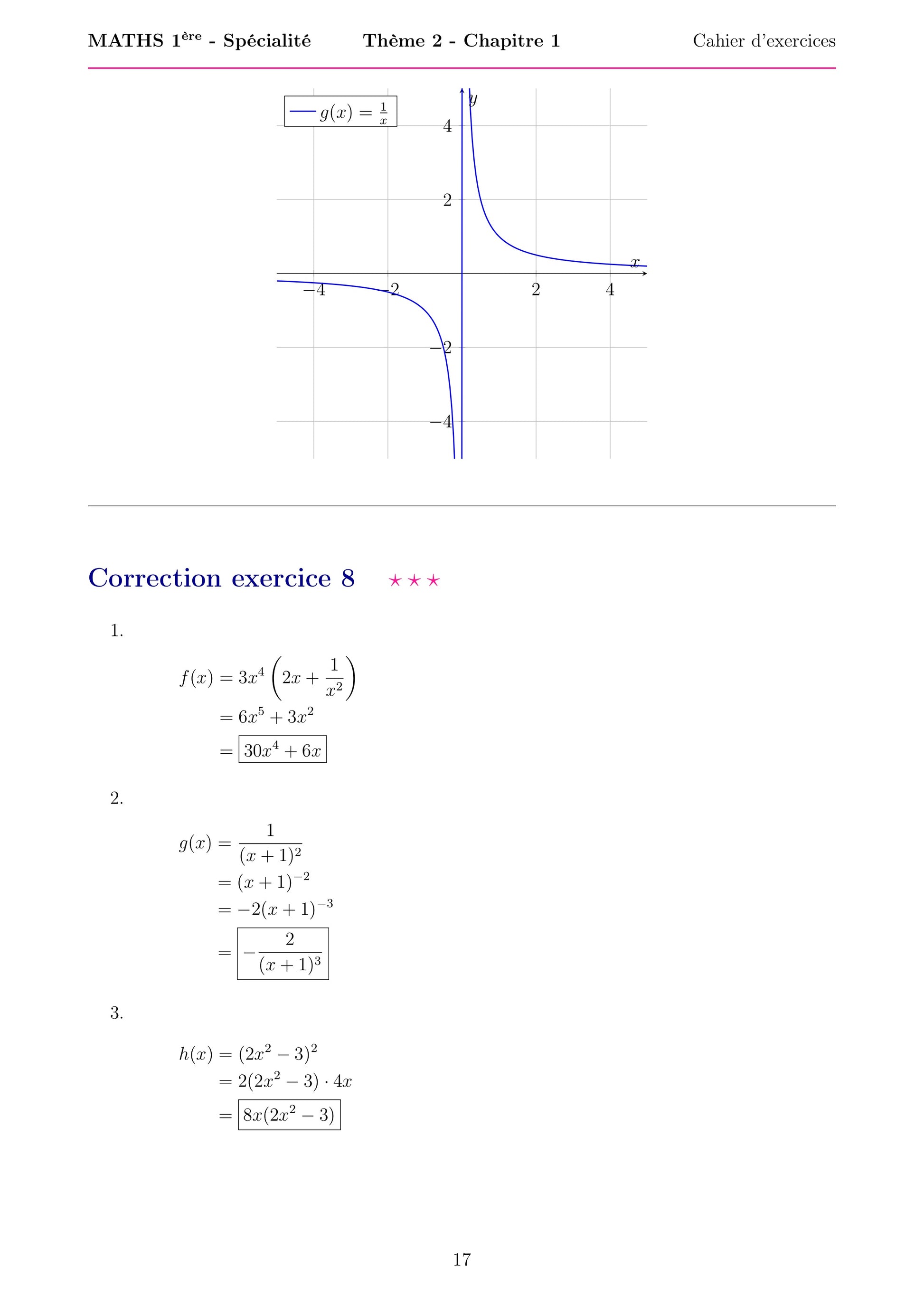 Cette fiche présente la correction d'un exercice du chapitre de mathématiques de Première spécialité sur la dérivation. Elle montre les étapes de calcul des dérivées de différentes fonctions, en appliquant les règles de dérivation. Un graphique d’une fonction est également utilisé pour illustrer son comportement et aider à interpréter les résultats.