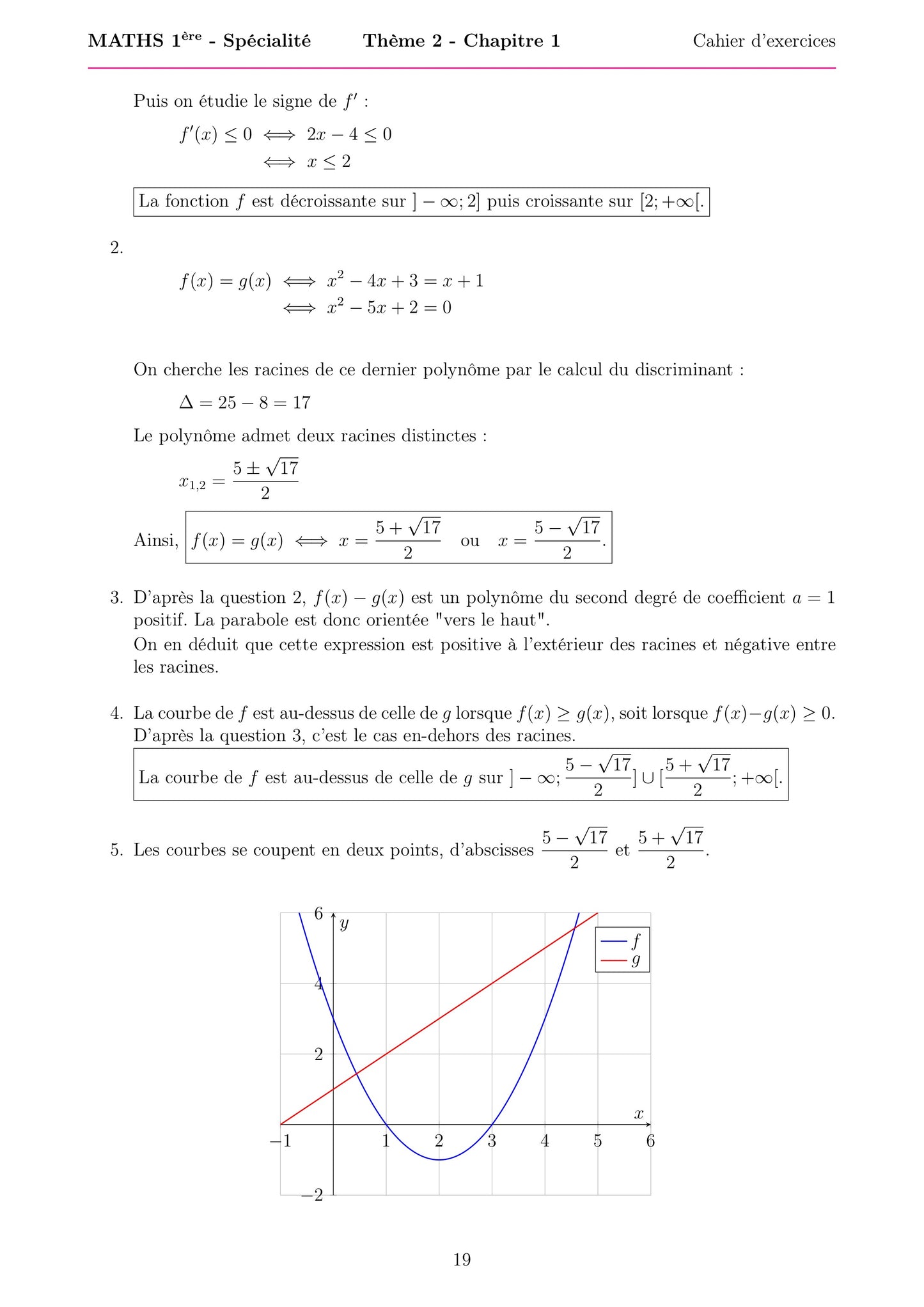 Cette fiche présente la correction d'un exercice du chapitre de mathématiques de Première spécialité sur la dérivation et l’étude des fonctions. Elle détaille l’étude du signe d’une dérivée, la résolution d’une équation du second degré et l’analyse de la position relative entre une fonction et une droite. Un graphique illustre les résultats afin de visualiser les points d’intersection et le comportement de la courbe.