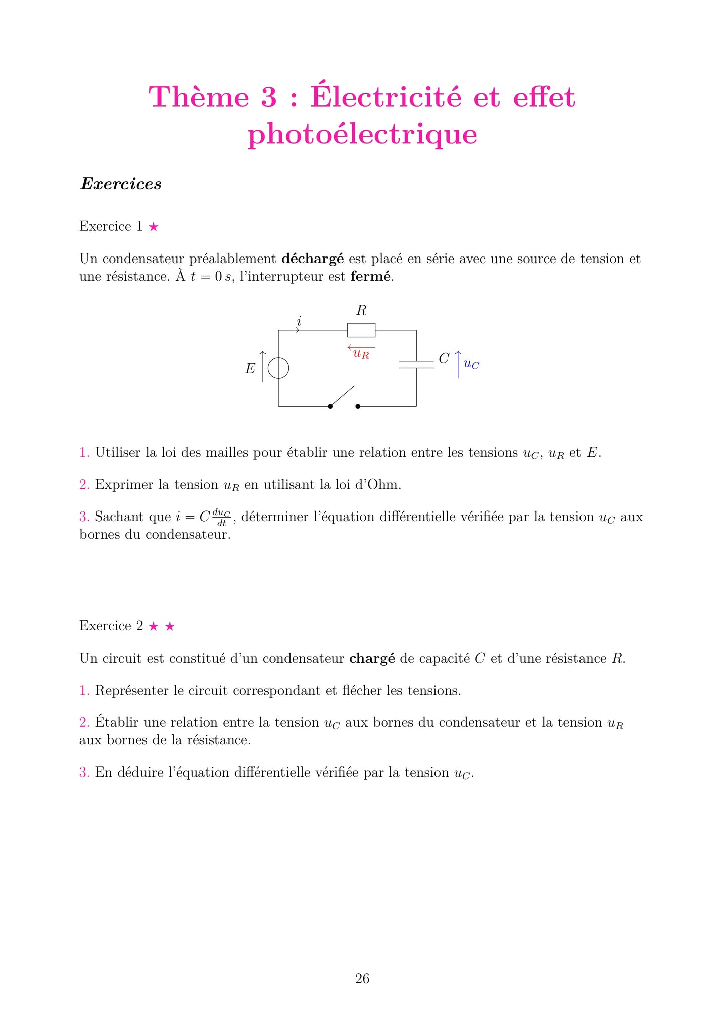 Fiche d'exercices de Physique-Chimie Terminale sur l'électricité et l'effet photoélectrique. Elle propose deux exercices. Exercice 1  sur un circuit avec générateur et condensateurs en série/parallèle. Exercice 2 : sur une suite de deux condensateurs en série. Les questions portent sur les lois de Kirchhoff et le calcul des tensions/courants. Support d'entraînement pour le bac spécialité.