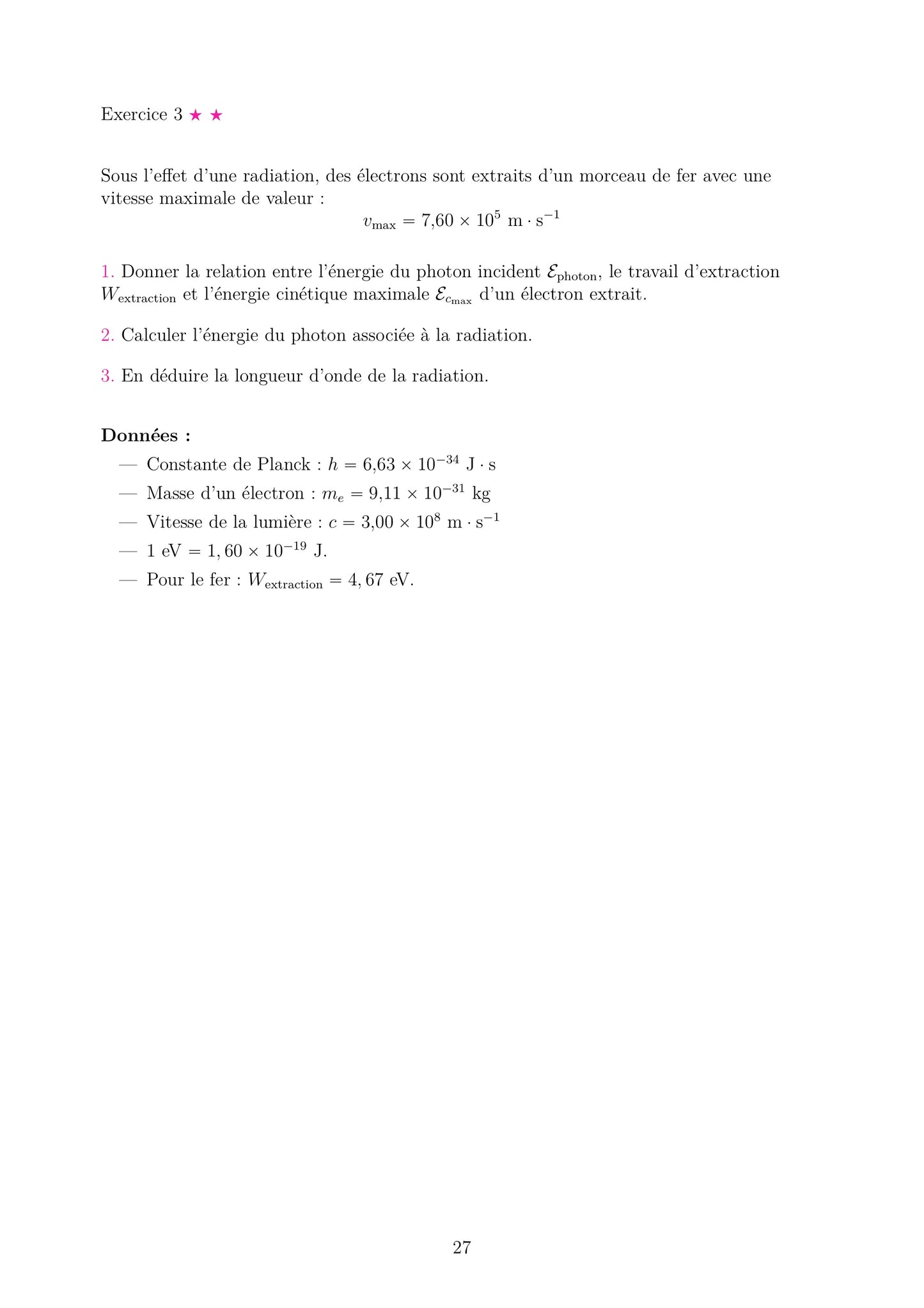 Fiche d'exercices de Physique-Chimie Terminale : Exercice sur l'effet photoélectrique. Support d'entraînement pour le bac spécialité.