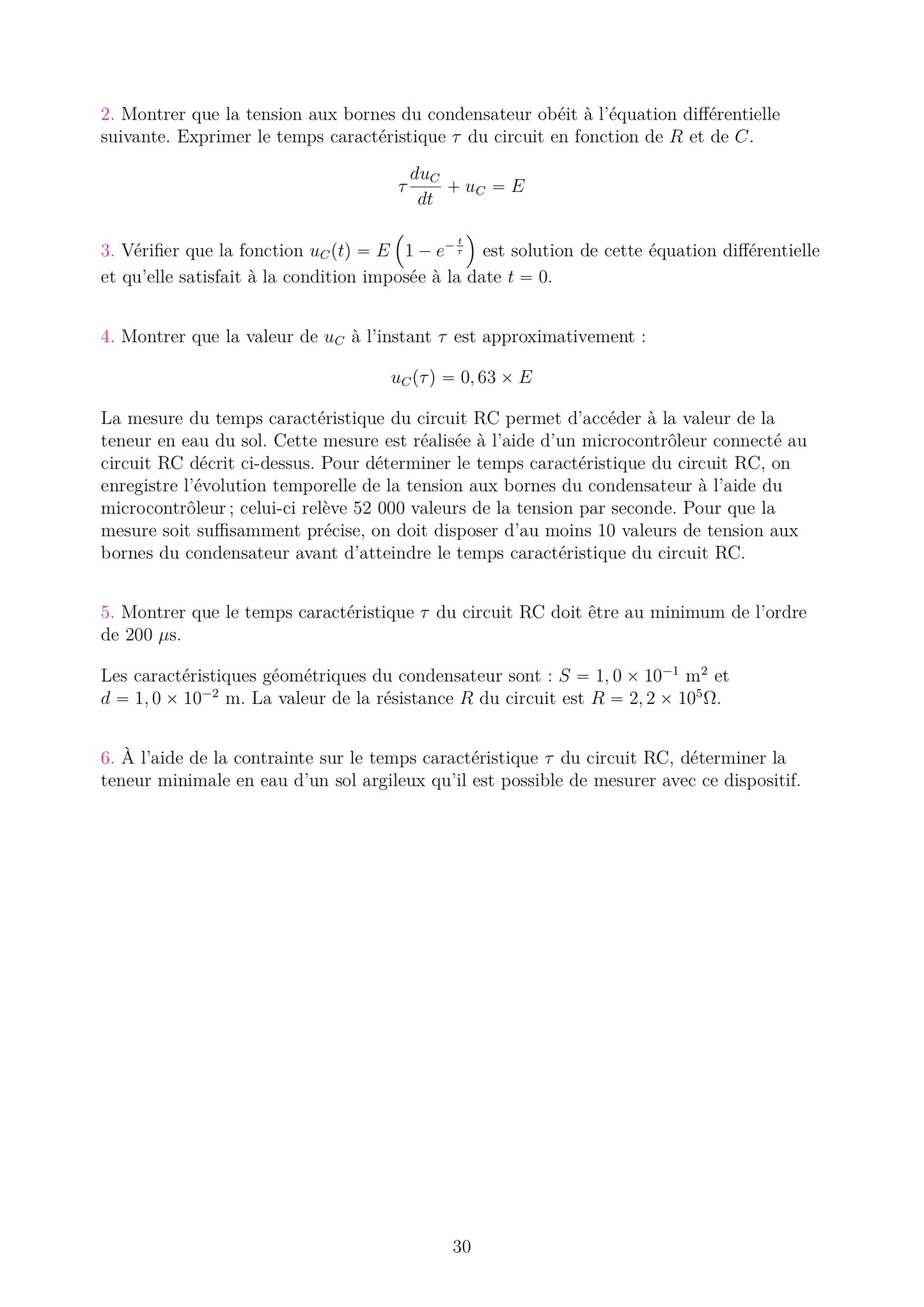 Fiche d'exercices de Physique Chimie Terminale. Exercice suite type bac. Elle donne un montage RC avec source E et résistance R, et demande de vérifier l'équation différentielle U'(t) = -U(t)/τ. Questions sur résolution, valeur de τ, tracé du graphique et limite asymptotique. Données numériques précises. Support d'entraînement pour le bac spécialité.