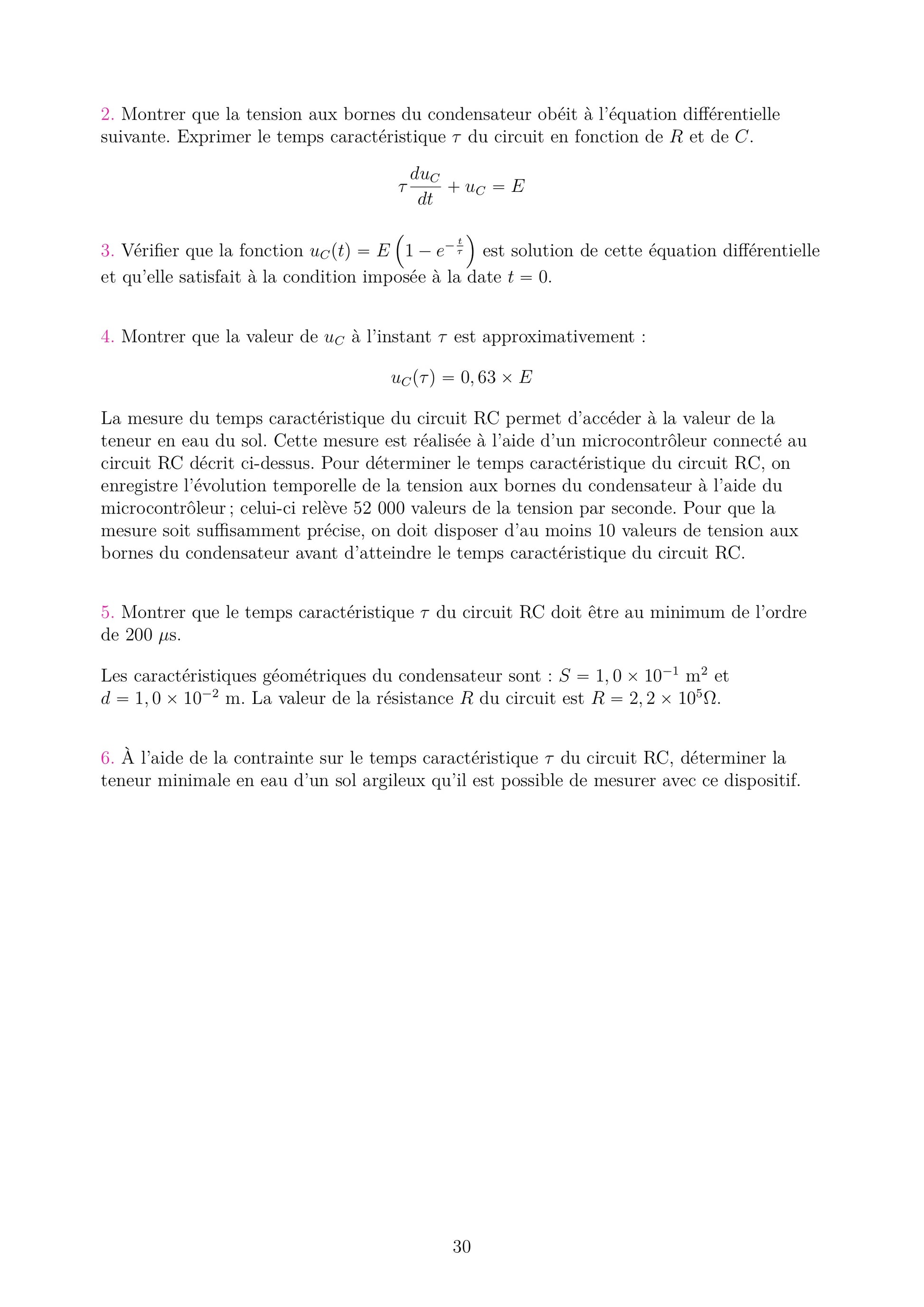 Fiche d'exercices de Physique Chimie Terminale. Exercice suite type bac. Elle donne un montage RC avec source E et résistance R, et demande de vérifier l'équation différentielle U'(t) = -U(t)/τ. Questions sur résolution, valeur de τ, tracé du graphique et limite asymptotique. Données numériques précises. Support d'entraînement pour le bac spécialité.