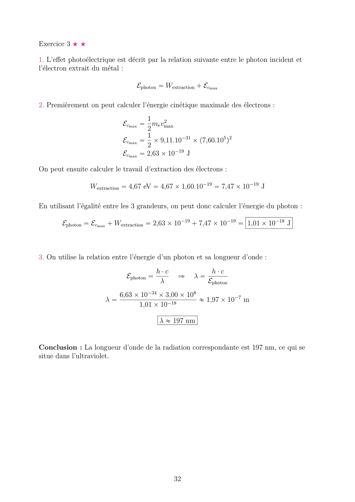 Fiche de correction détaillée pour de Physique Chimie Terminale sur l'effet photoélectrique. Support pour vérifier les calculs bac spécialité.