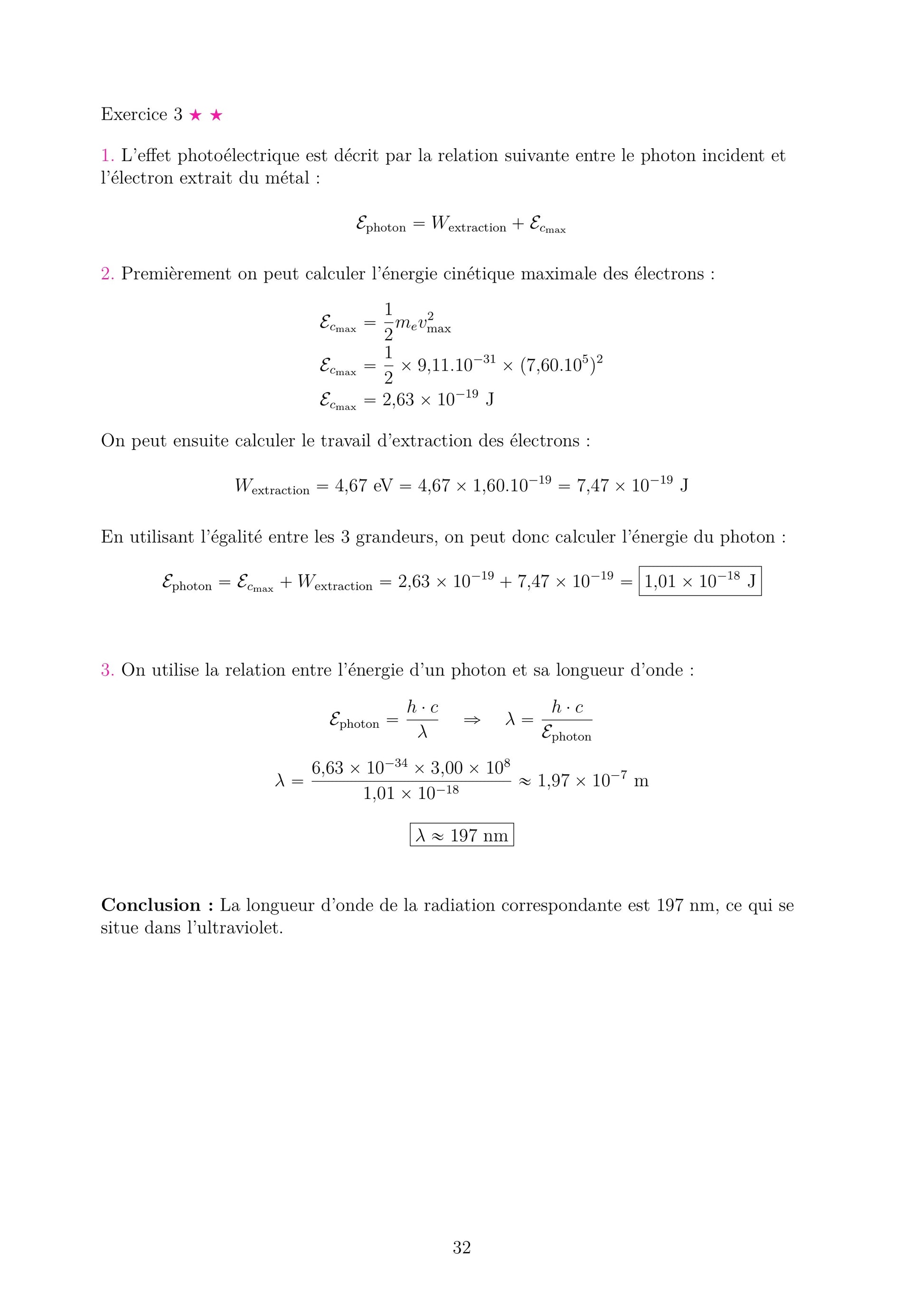 Fiche de correction détaillée pour de Physique Chimie Terminale sur l'effet photoélectrique. Support pour vérifier les calculs bac spécialité.