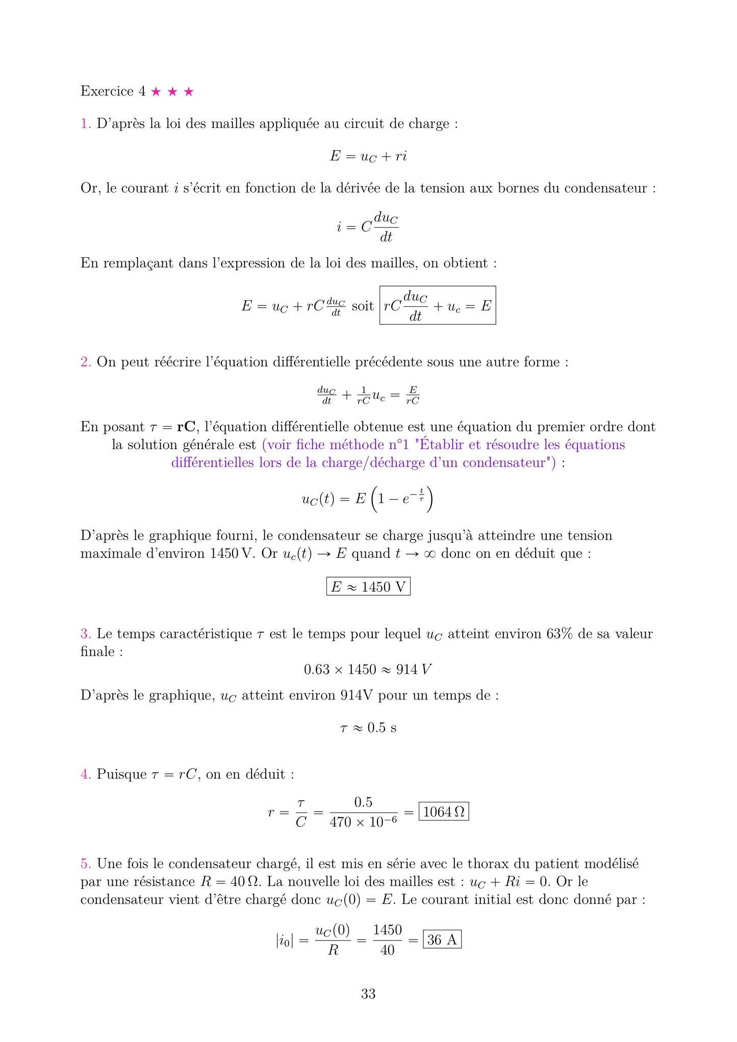 Fiche de correction détaillée de Physique Chimie Terminale sur circuit RC. Étapes algébriques complètes avec valeurs numériques. Support pour vérifier les calculs bac spécialité.
