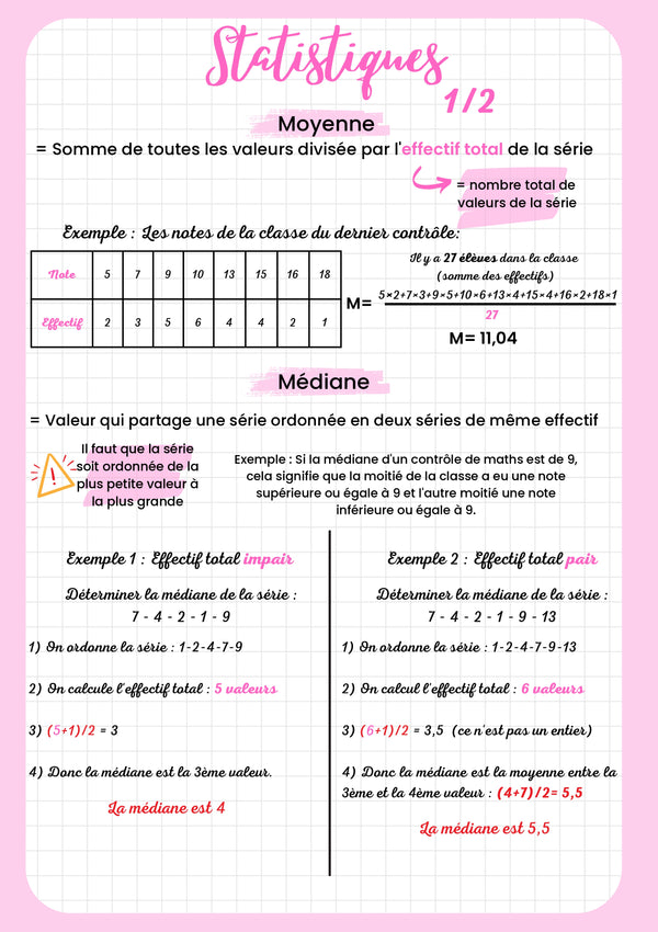 Fiche de révision Brevet Maths sur les statistiques, calcul de la moyenne et de la médiane d'une série de notes avec exemples détaillés.