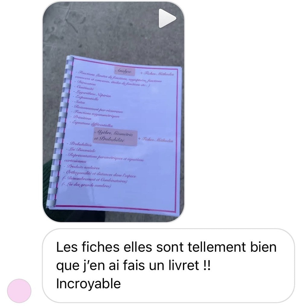Élève qui a relié les fiches Inès en livret — preuve visuelle des fiches révision